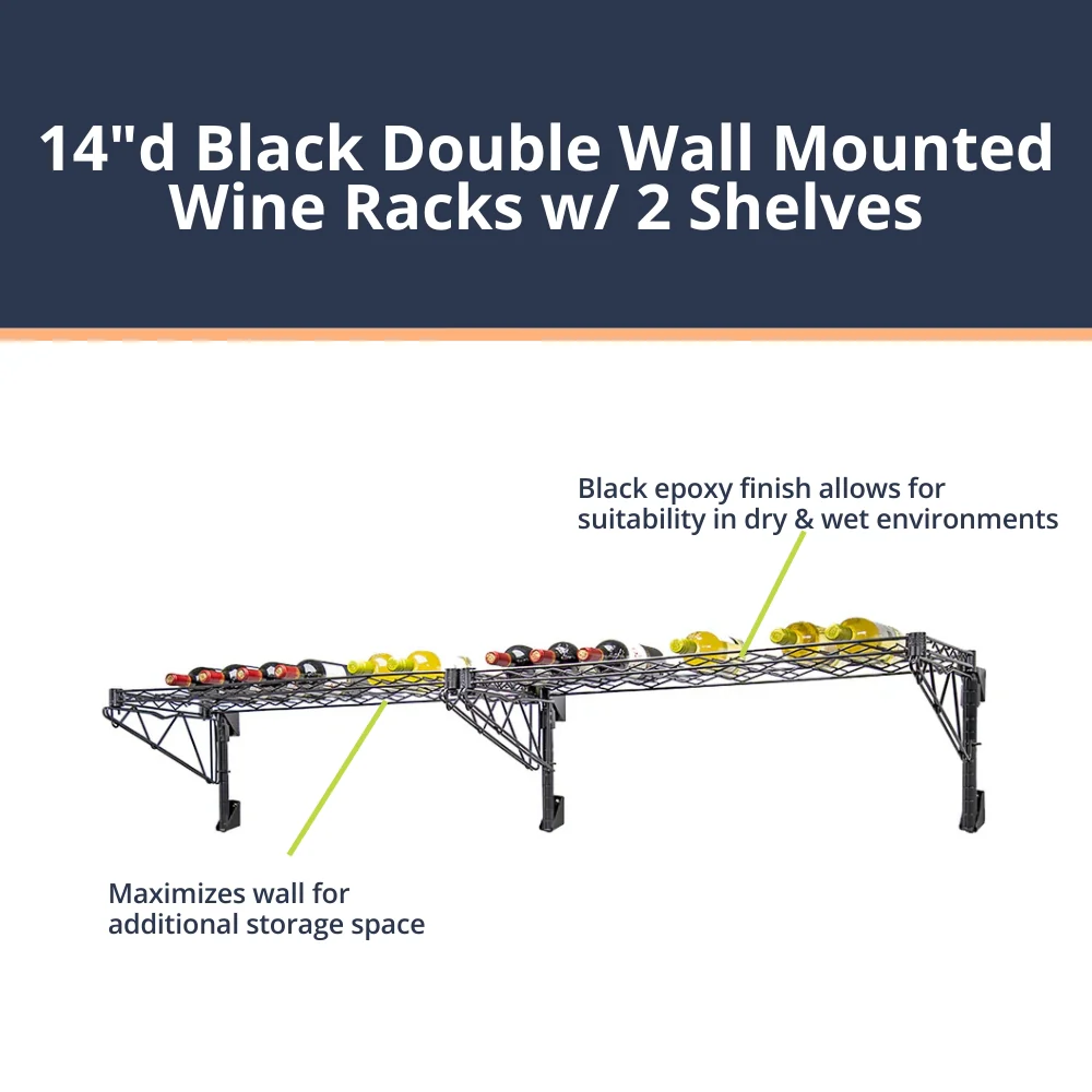 14"d Black Double Wall Mounted Wine Racks w/ 2 Shelves - Image 2