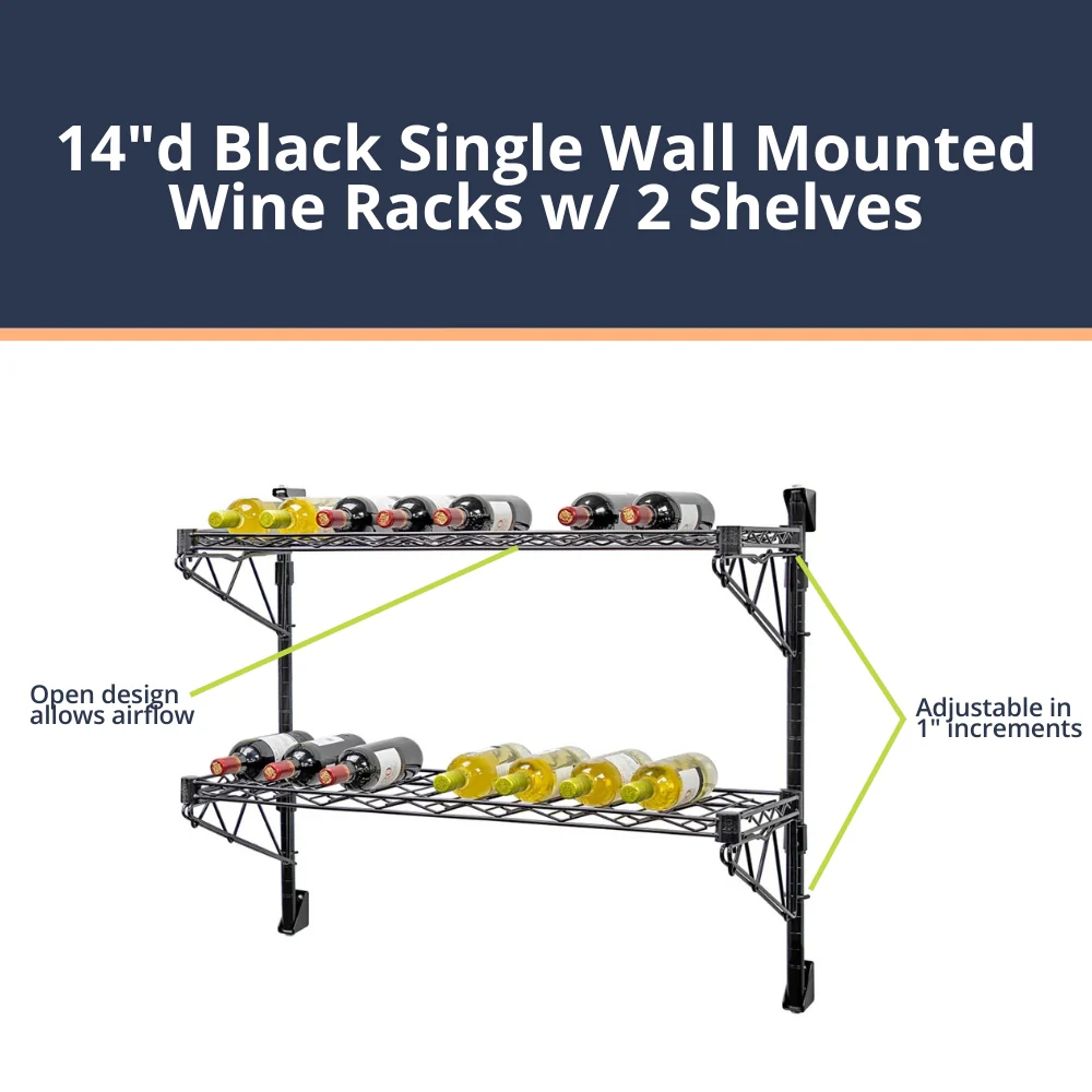 14"d Black Single Wall Mounted Wine Racks w/ 2 Shelves - Image 3
