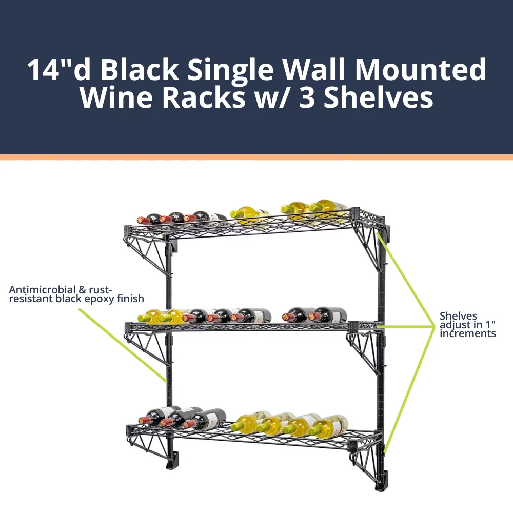 14"d Black Single Wall Mounted Wine Racks w/ 3 Shelves - Image 3