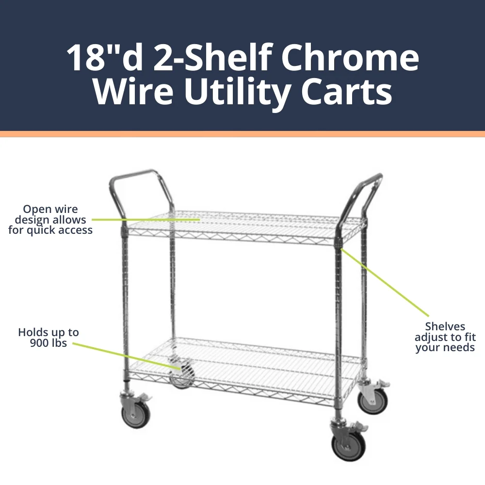 18"d 2-Shelf Chrome Wire Utility Carts - Image 2