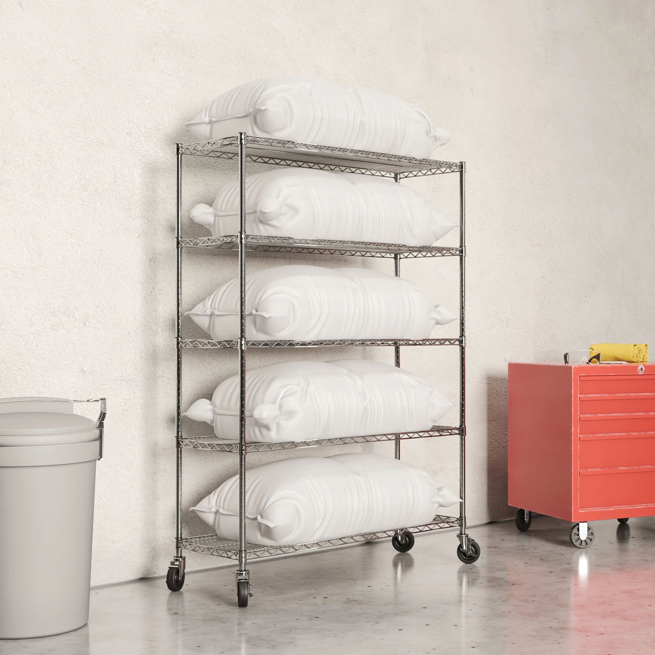12"d x 48"w - 5-Shelf Chrome Wire Carts w/ 3" Casters - Image 2