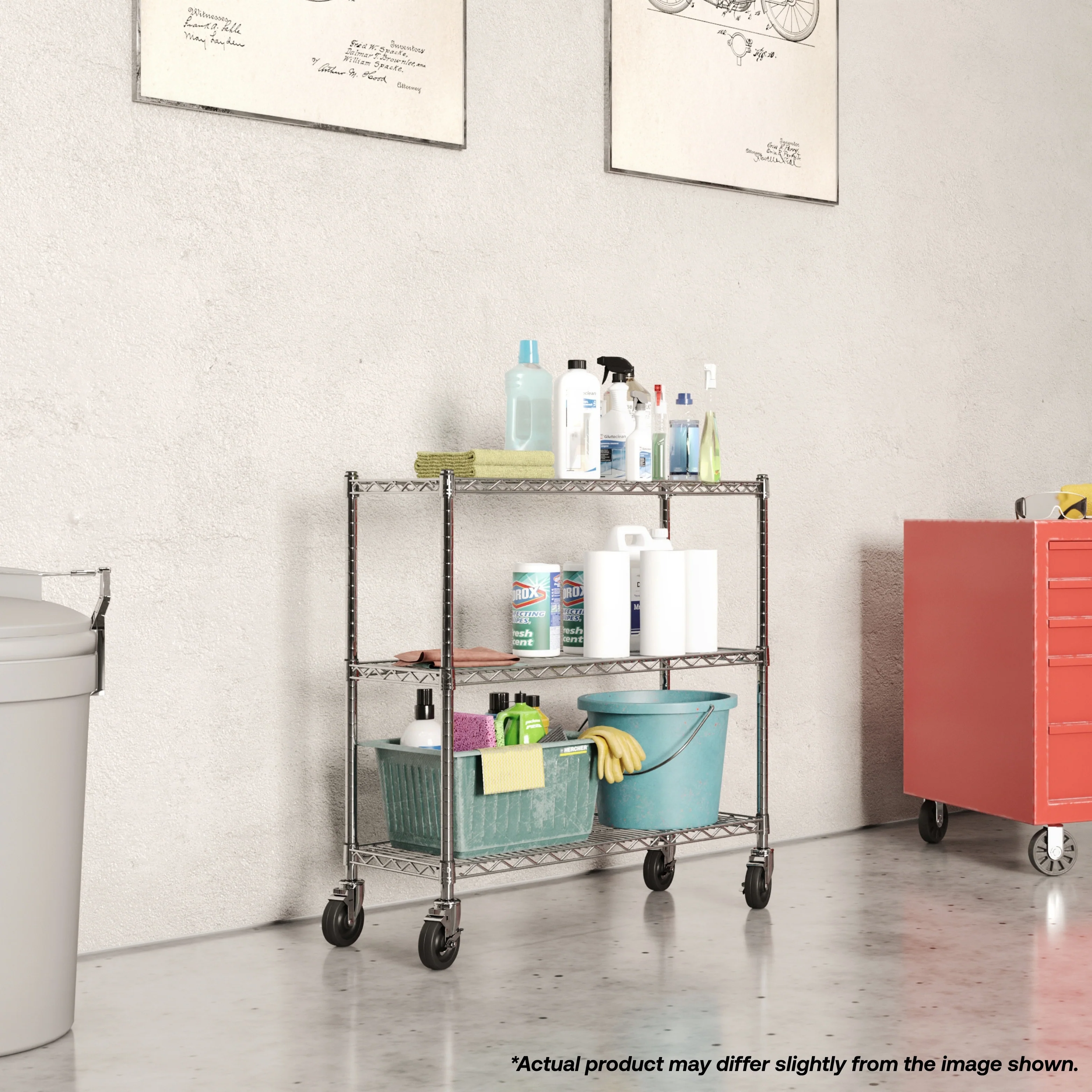 18"d 3-Shelf Chrome Wire Utility Carts - Image 2