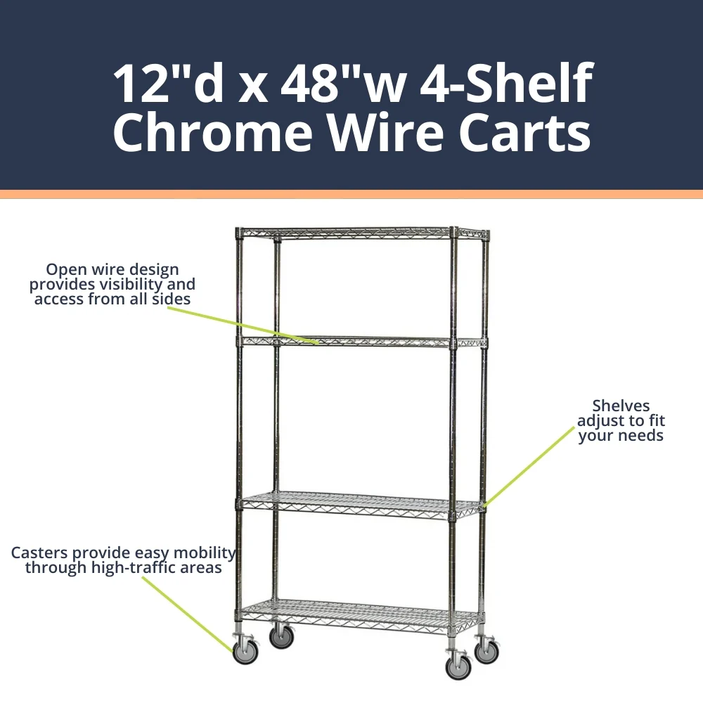 4-Shelf Chrome Wire Carts - 12"d x 48"w - Image 5