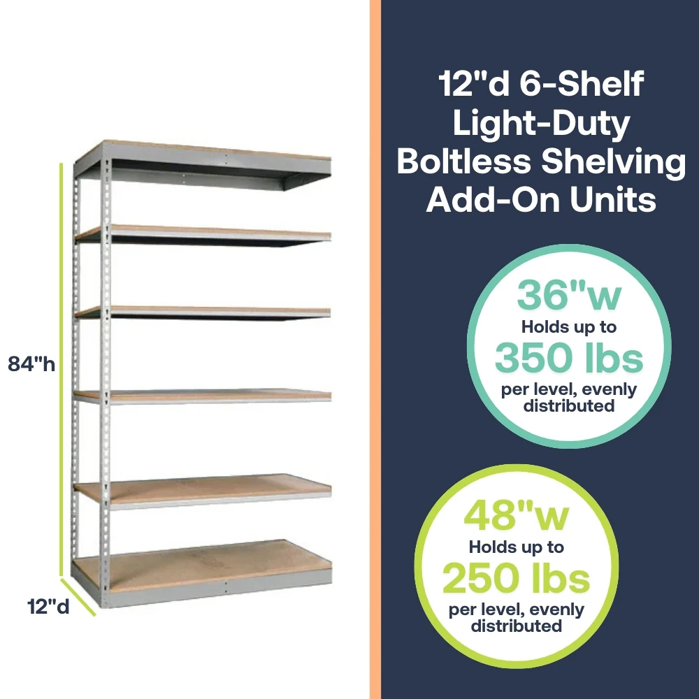 Lyon 12"d 6-Shelf Light-Duty Boltless Shelving Add-On Units - Gray - Image 4