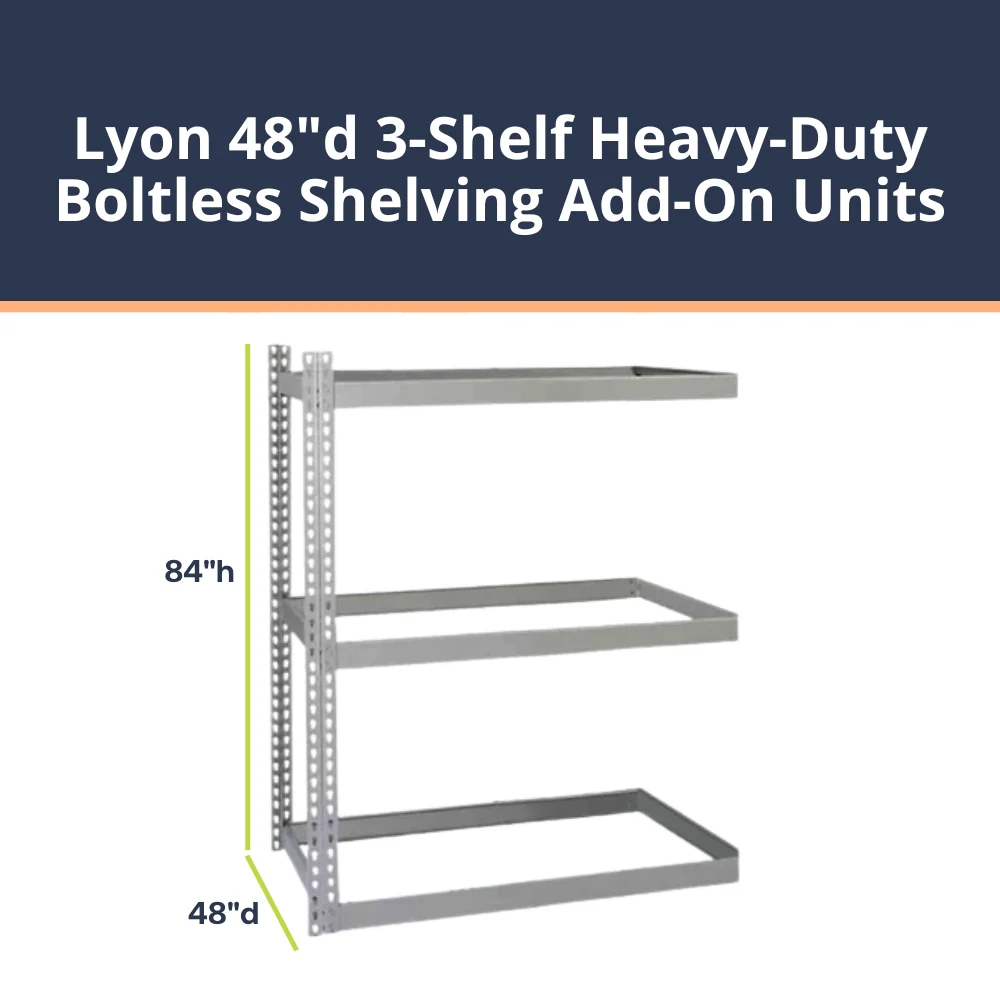 Lyon 48"d 3-Shelf Heavy-Duty Boltless Shelving Add-On Units - Gray - Image 4